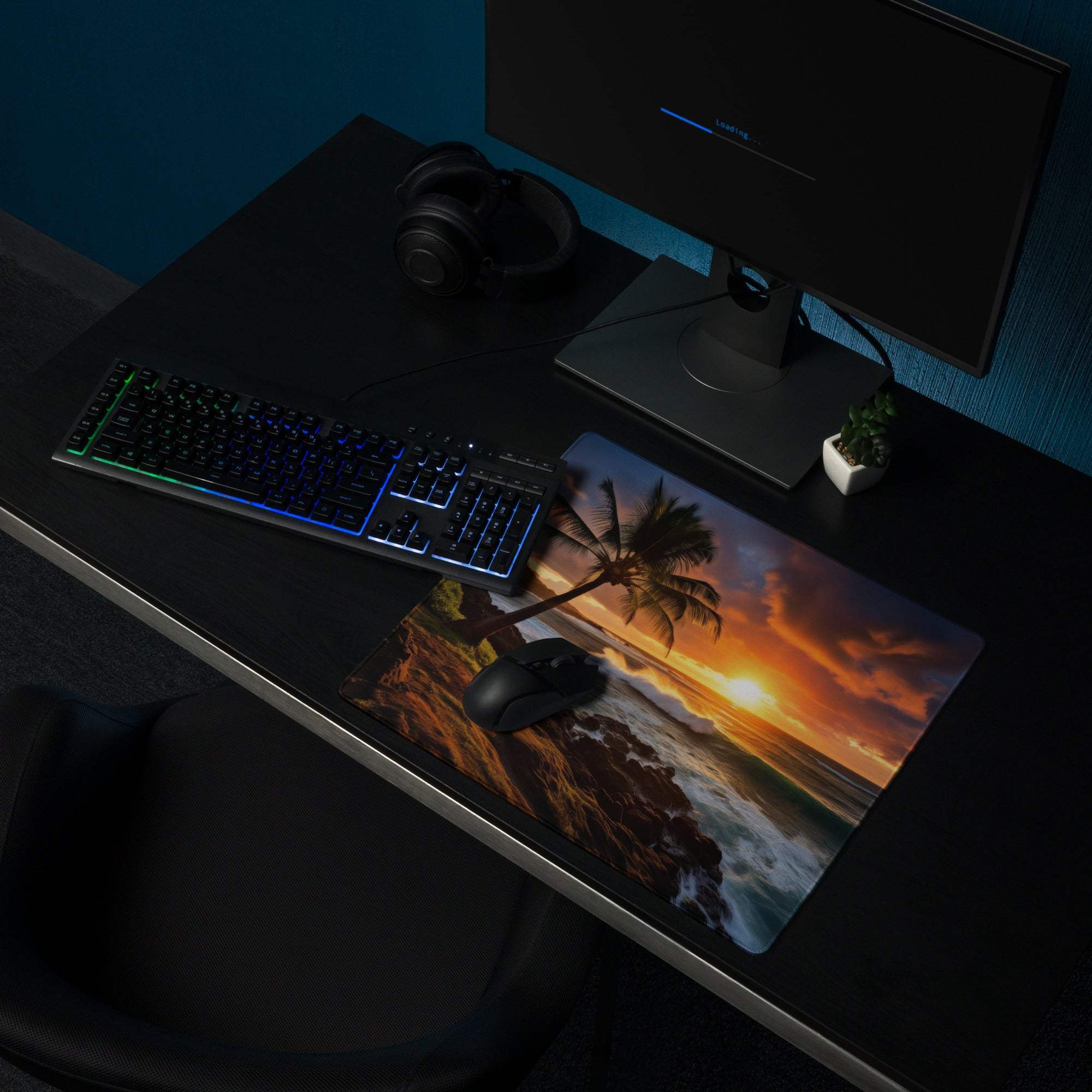 Vibrant sunset beach gaming mouse pad with non-slip backing and stitched edges