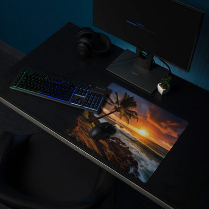 Vibrant sunset beach gaming mouse pad with non-slip backing and stitched edges