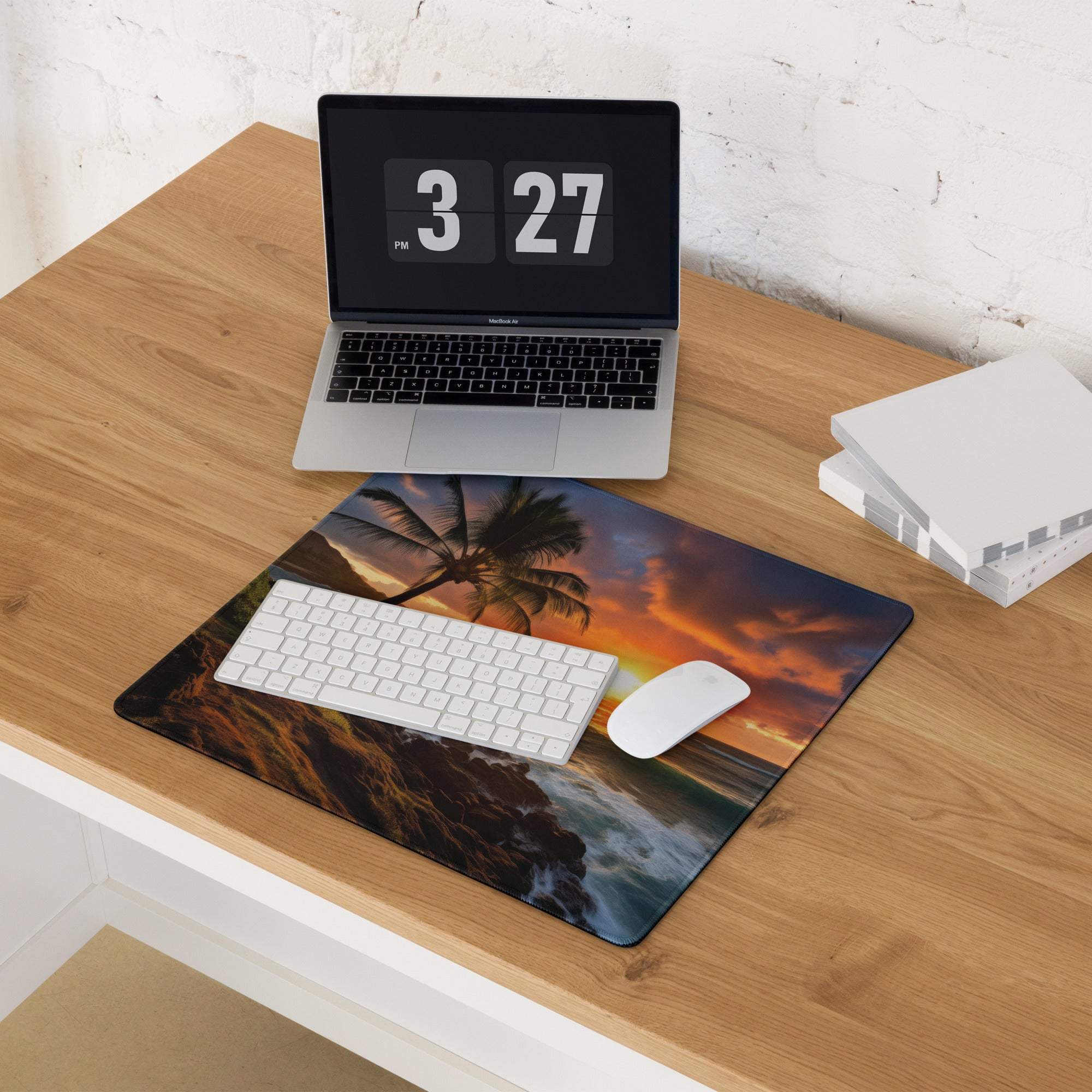 Vibrant sunset beach mouse pad with palm trees, waves, non-slip backing, stitched edges