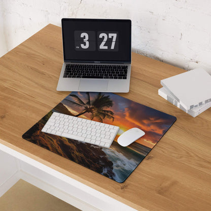 Vibrant sunset beach mouse pad with palm trees, waves, non-slip backing, stitched edges