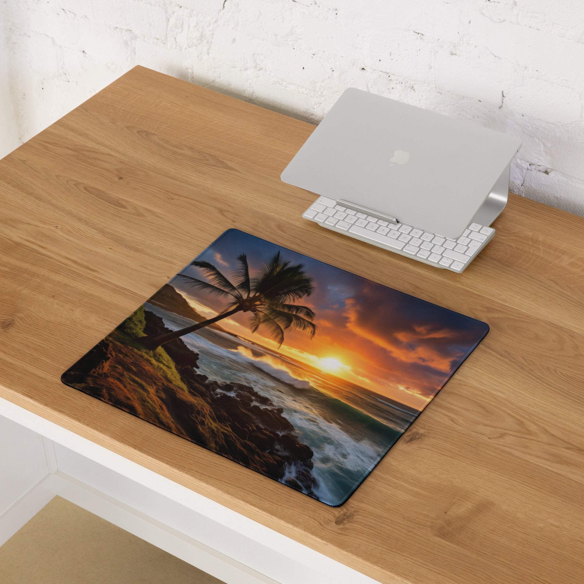 Vibrant sunset ocean view palm tree gaming mouse pad with non-slip backing