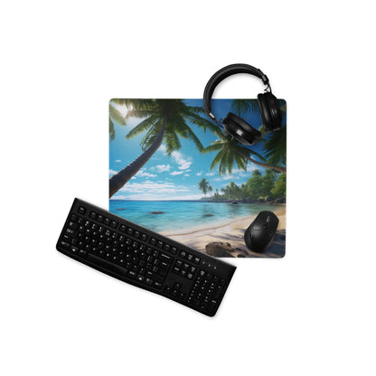 Black keyboard, mouse on tropical beach gaming mousepad with headphones