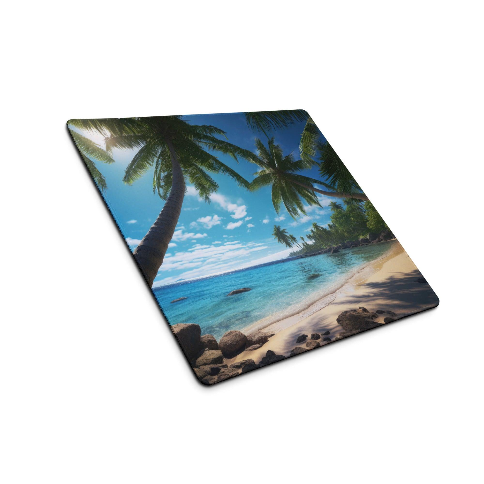 Vibrant tropical beach gaming mouse pad with palm trees and turquoise water