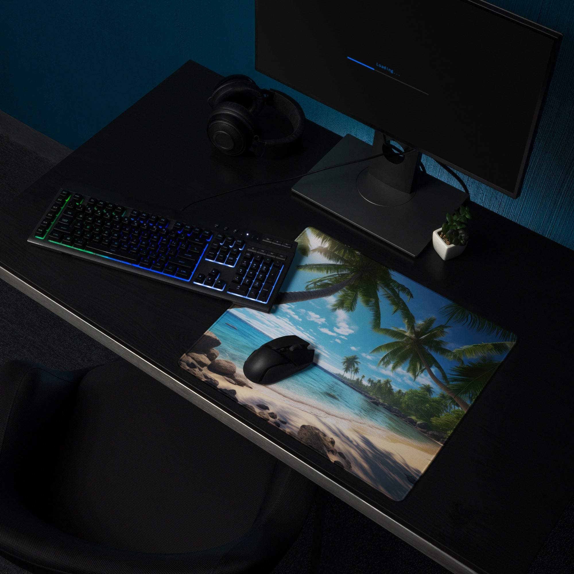 Vibrant tropical beach gaming mouse pad with palm trees and turquoise water