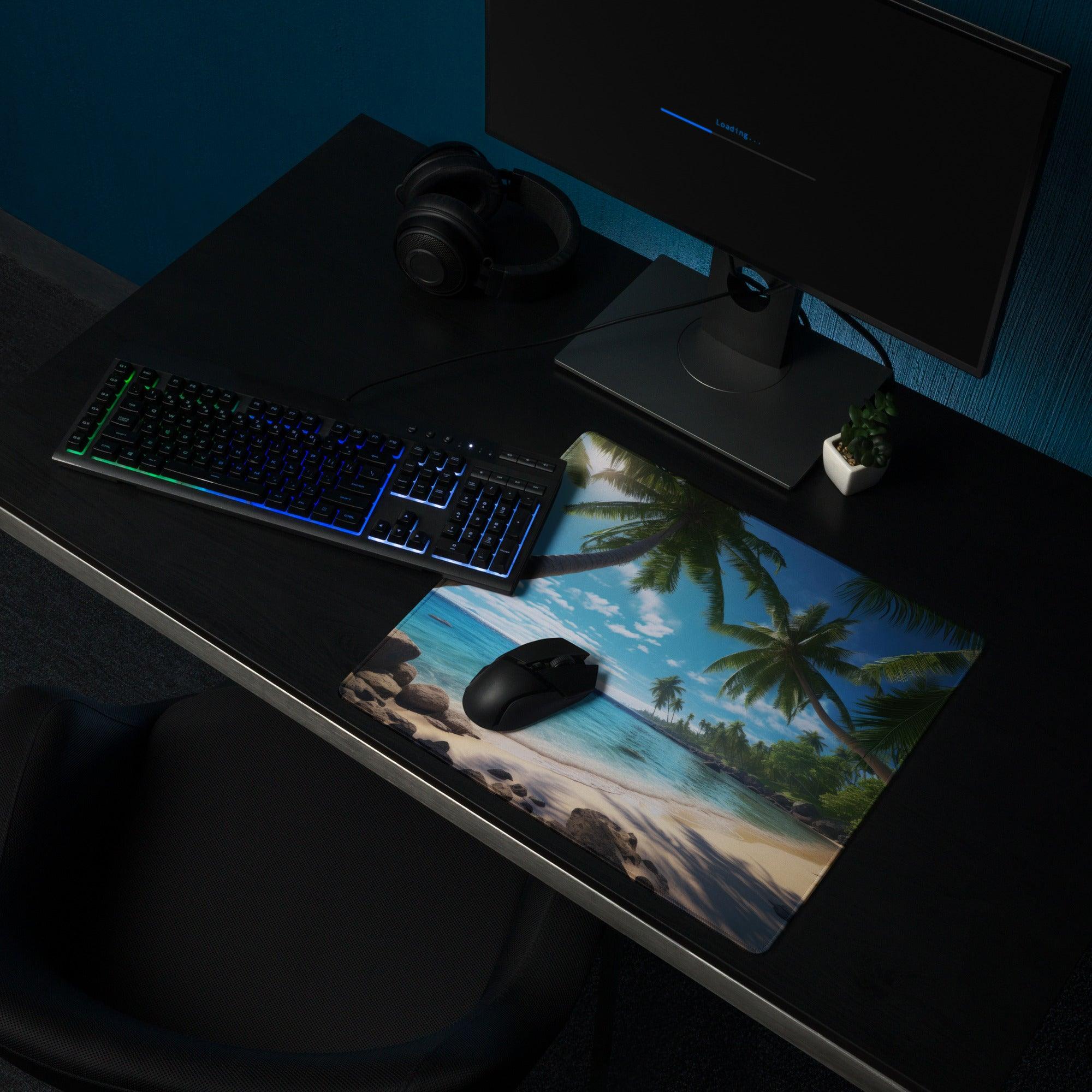 Vibrant tropical beach gaming mouse pad with palm trees and turquoise water