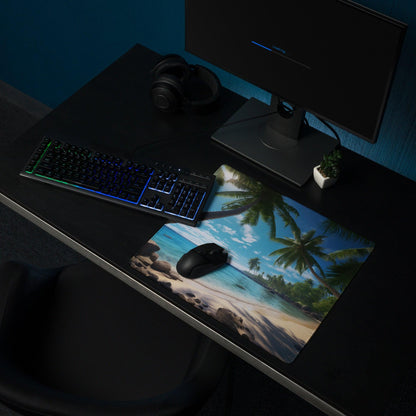 Vibrant tropical beach gaming mouse pad with palm trees and turquoise water