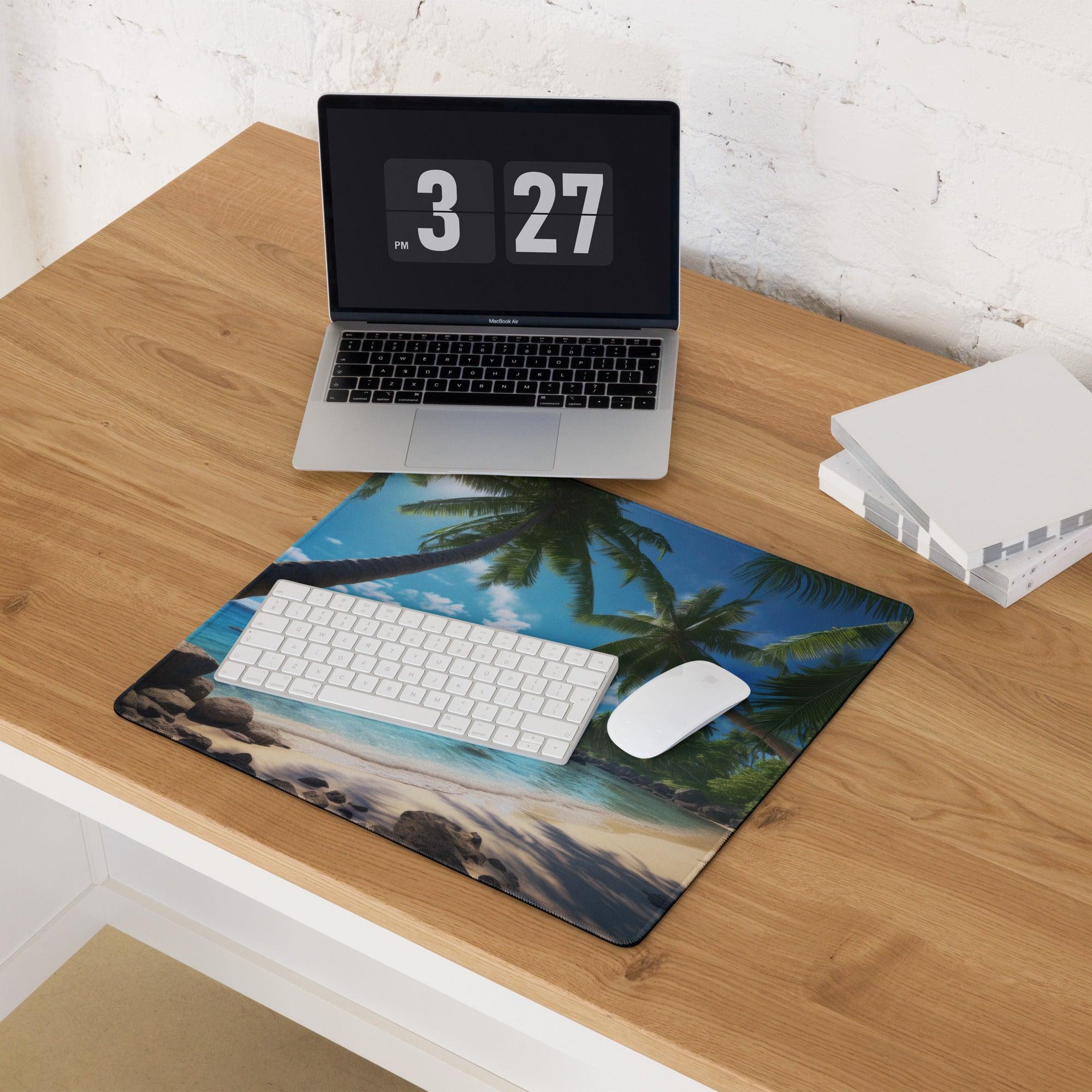Vibrant tropical beach gaming mouse pad with palm trees, turquoise water, sand, non-slip base, stitching