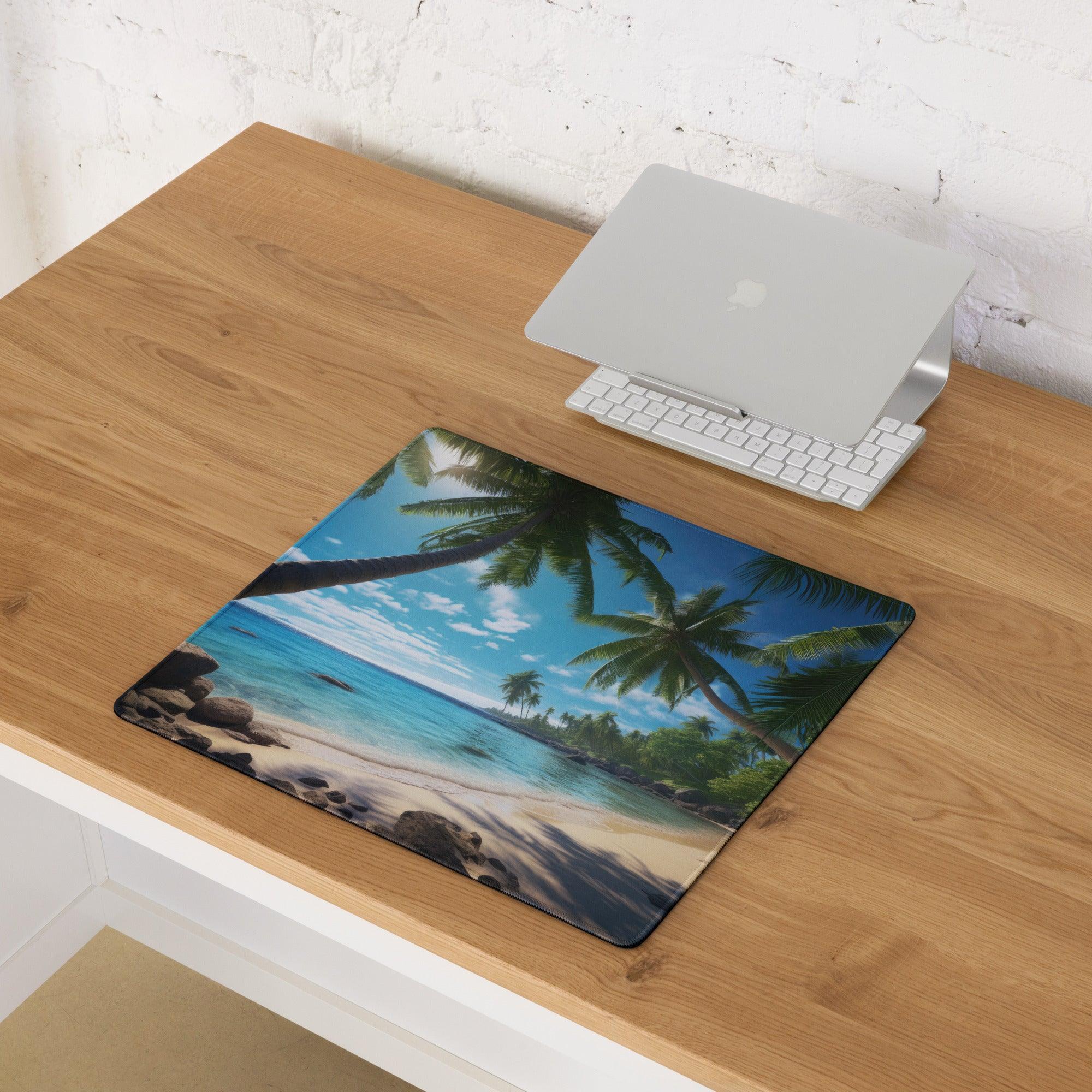 Vibrant tropical beach gaming mouse pad with palm trees, non-slip base