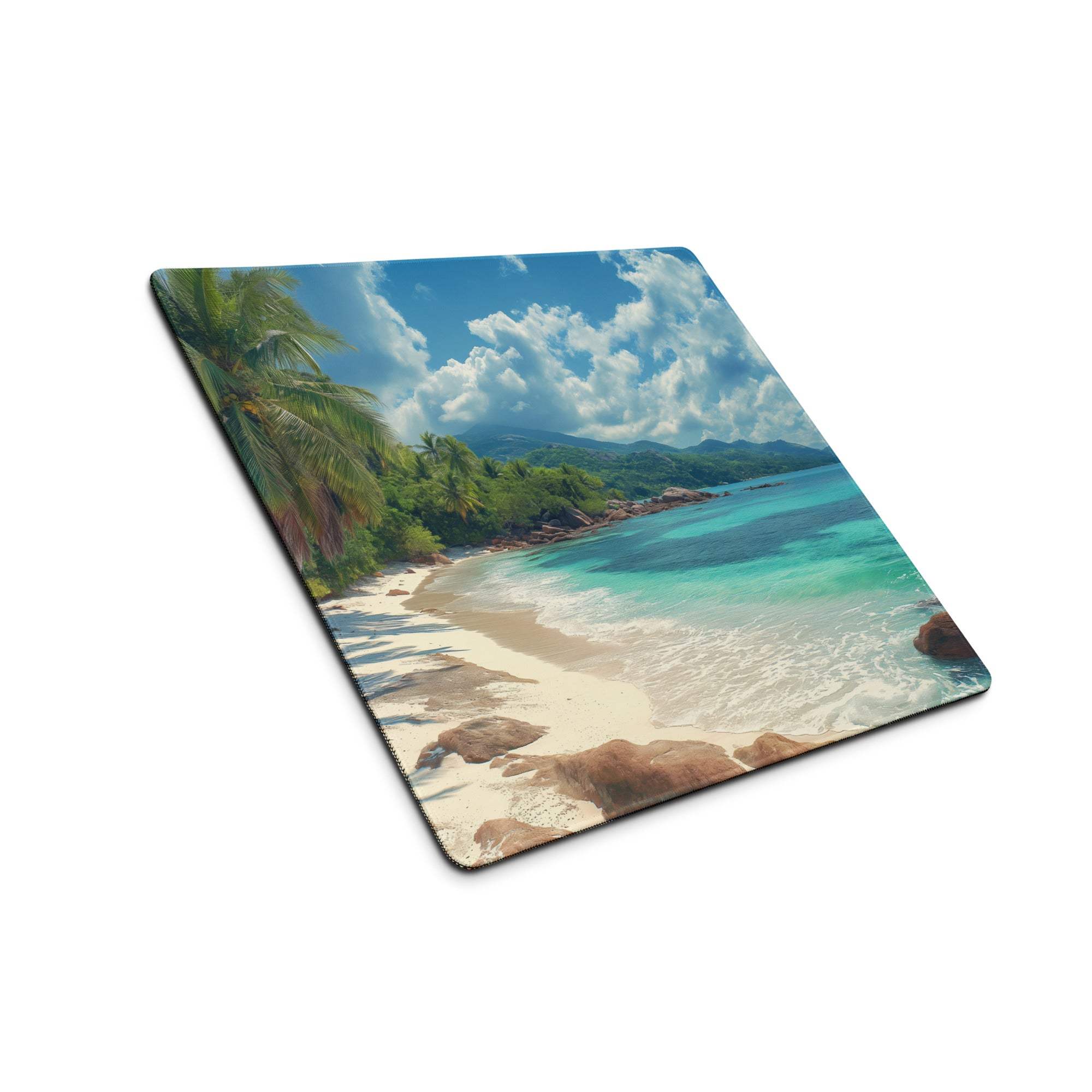 Tropical beach gaming mouse pad with turquoise ocean, palms, non-slip base