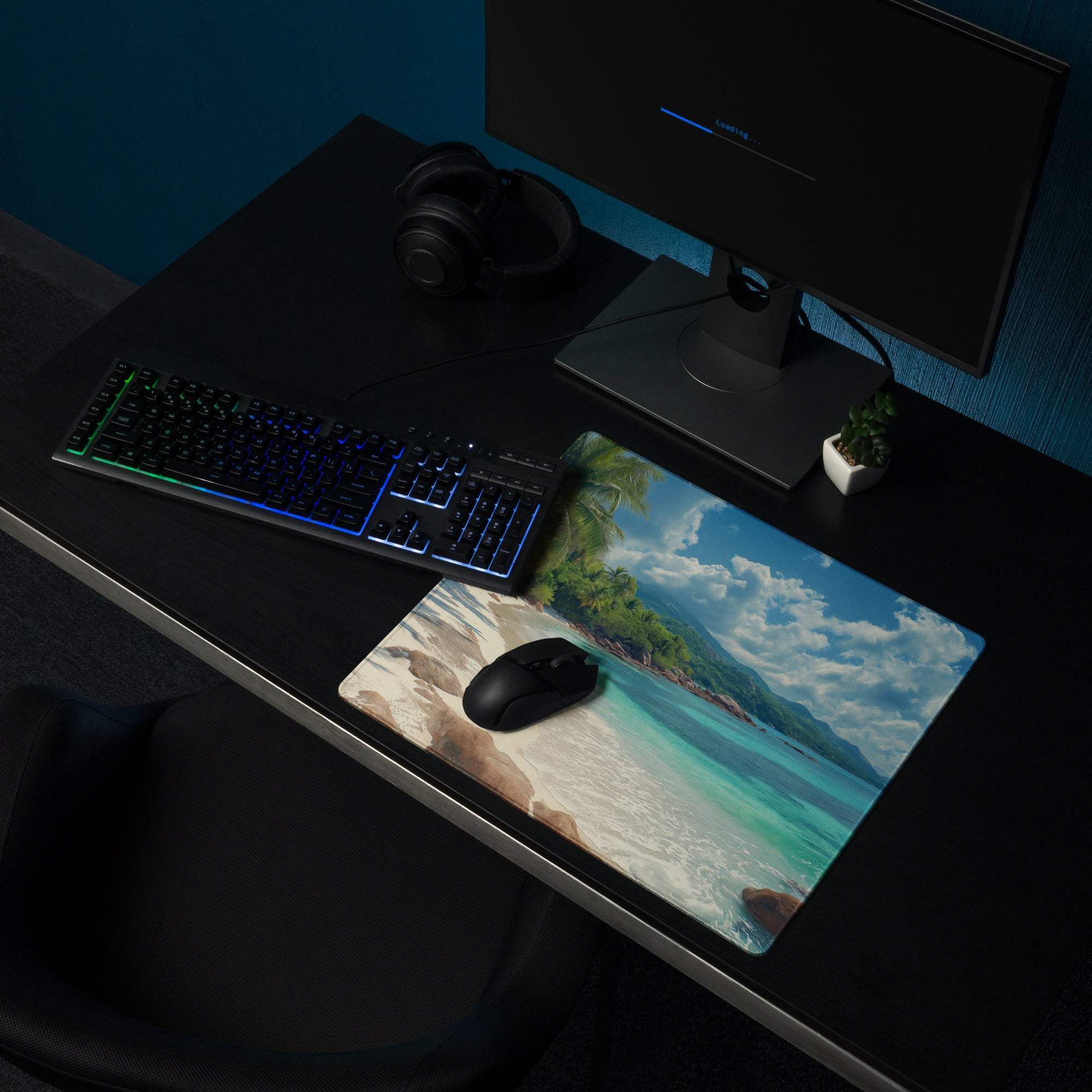 Tropical beach gaming mouse pad with turquoise water, white sand, palms
