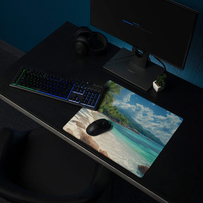 Tropical beach gaming mouse pad with turquoise water, white sand, palms