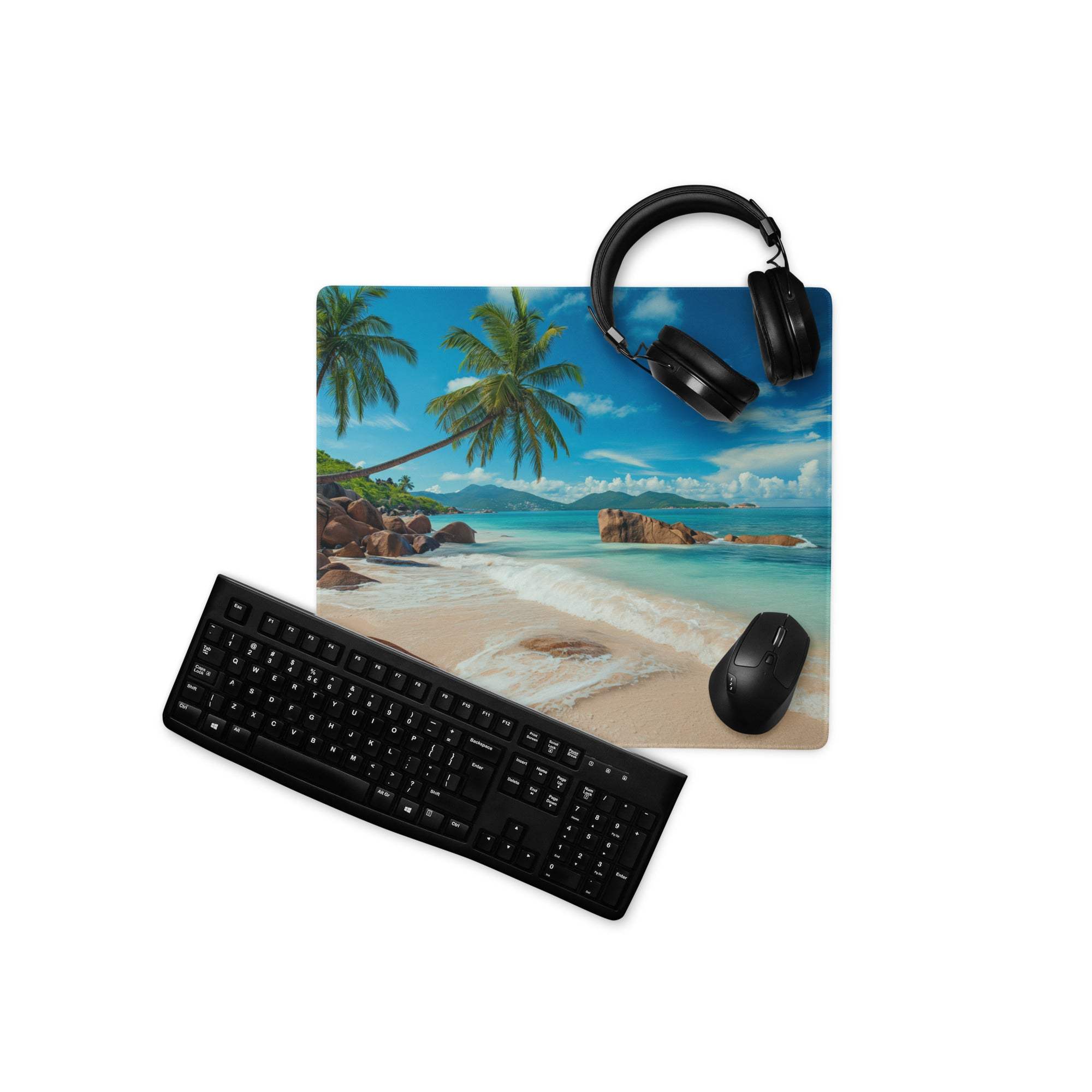 Vibrant tropical beach mouse pad with palm trees, turquoise water, non-slip base