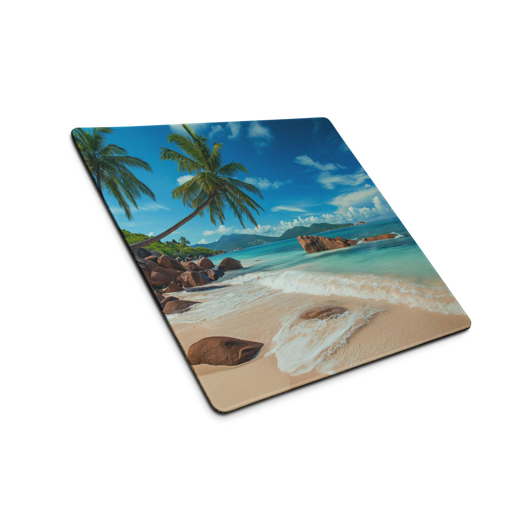 Vibrant tropical beach mousepad with palm trees, turquoise water, non-slip base