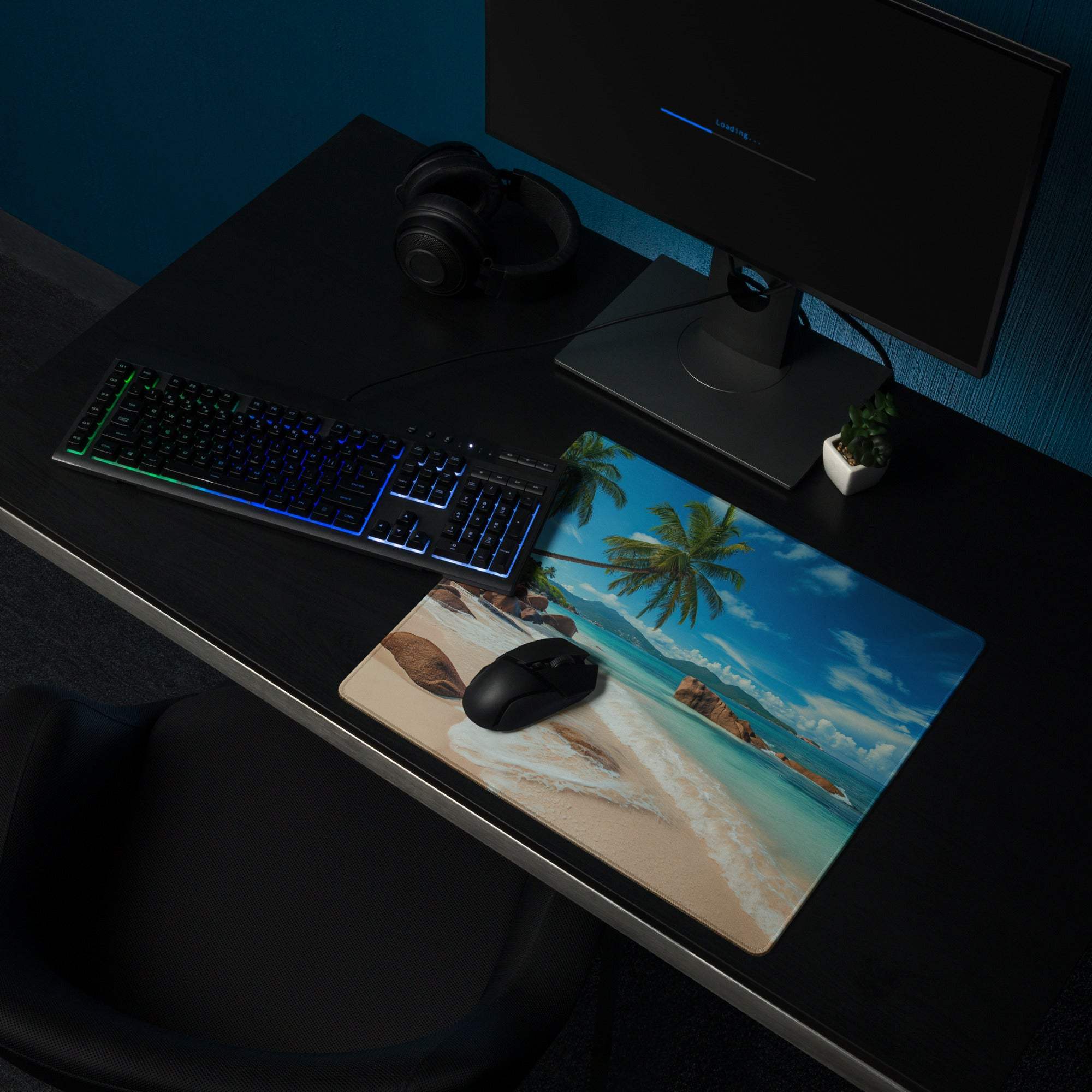 Vibrant tropical beach mouse pad with palm trees, turquoise water, non-slip base