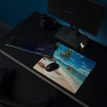 Vibrant tropical beach mouse pad with palm trees, turquoise water, non-slip base
