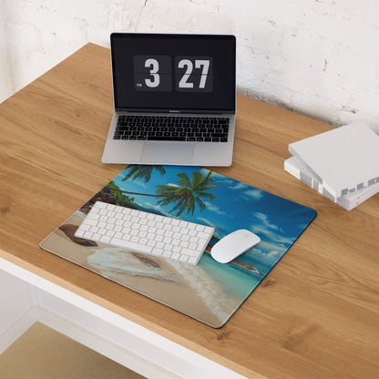 Vibrant tropical beach mousepad with palm trees, turquoise water, non-slip base