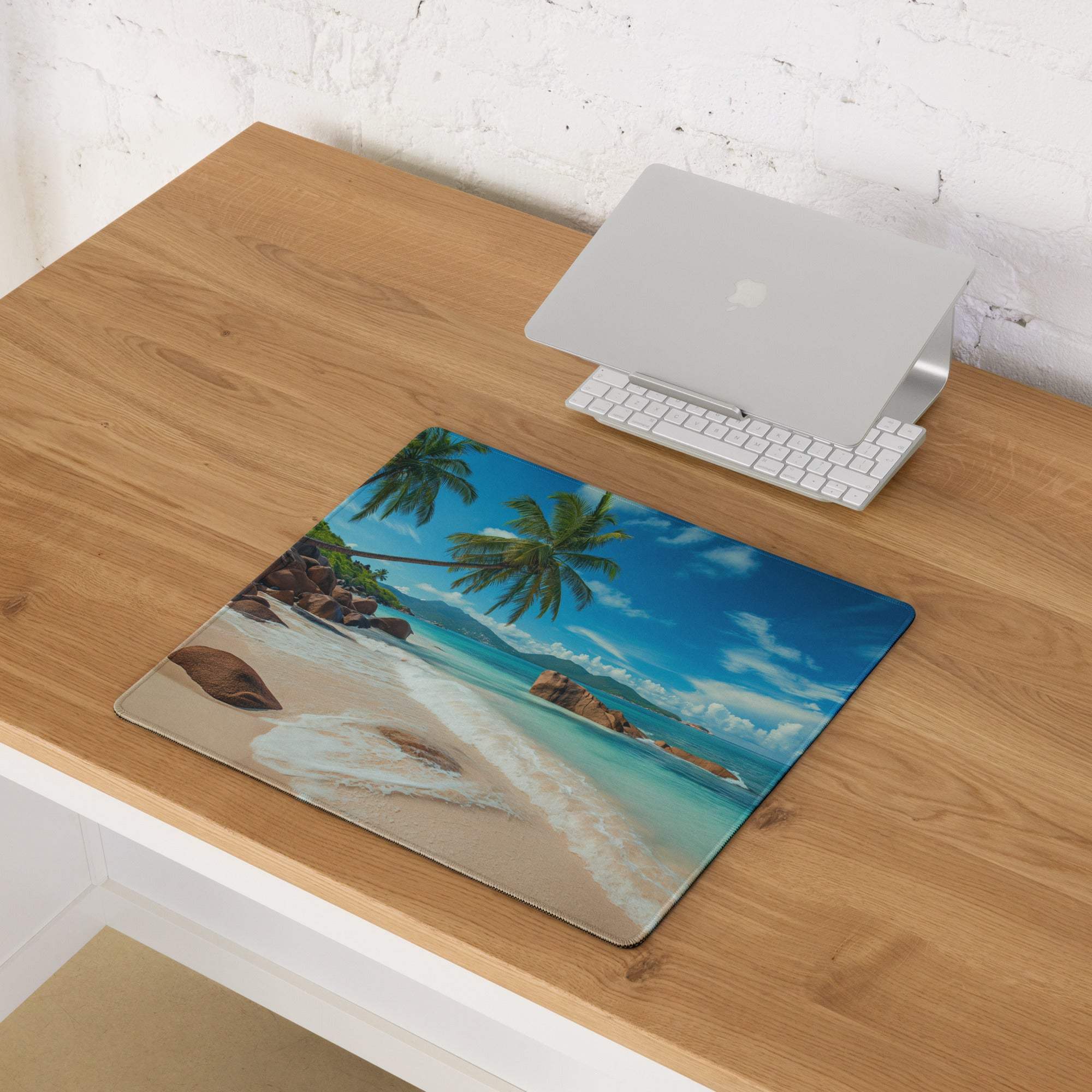 Vibrant tropical beach mouse pad with turquoise water, palms, sand, non-slip base