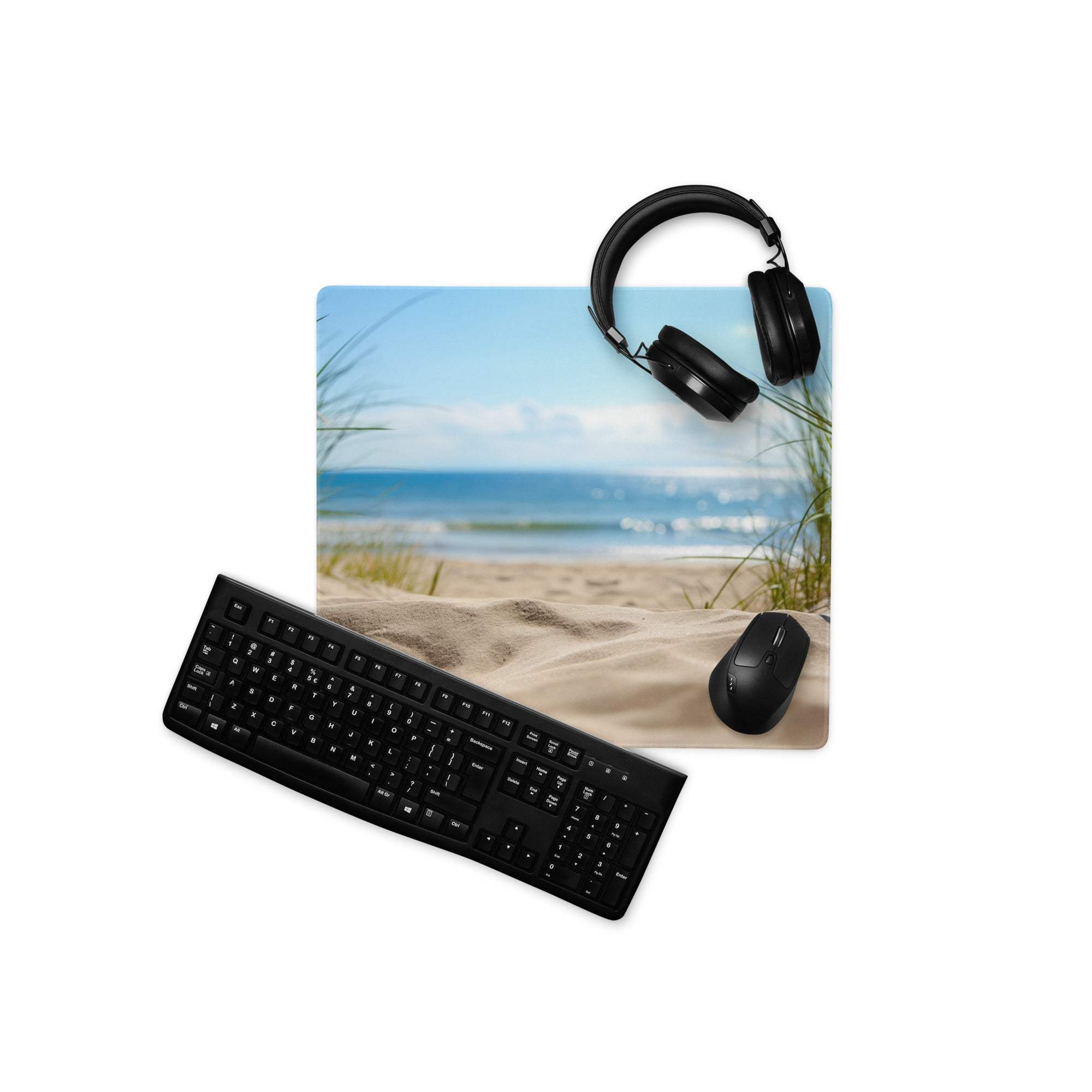Coastal beach scene mouse pad with sand waves dune grass non-slip base