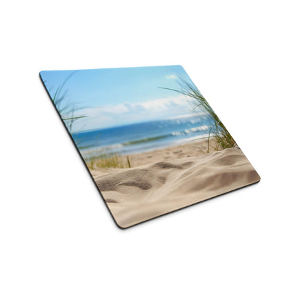 Coastal beach scene mouse pad with sand, grass, ocean waves, non-slip base