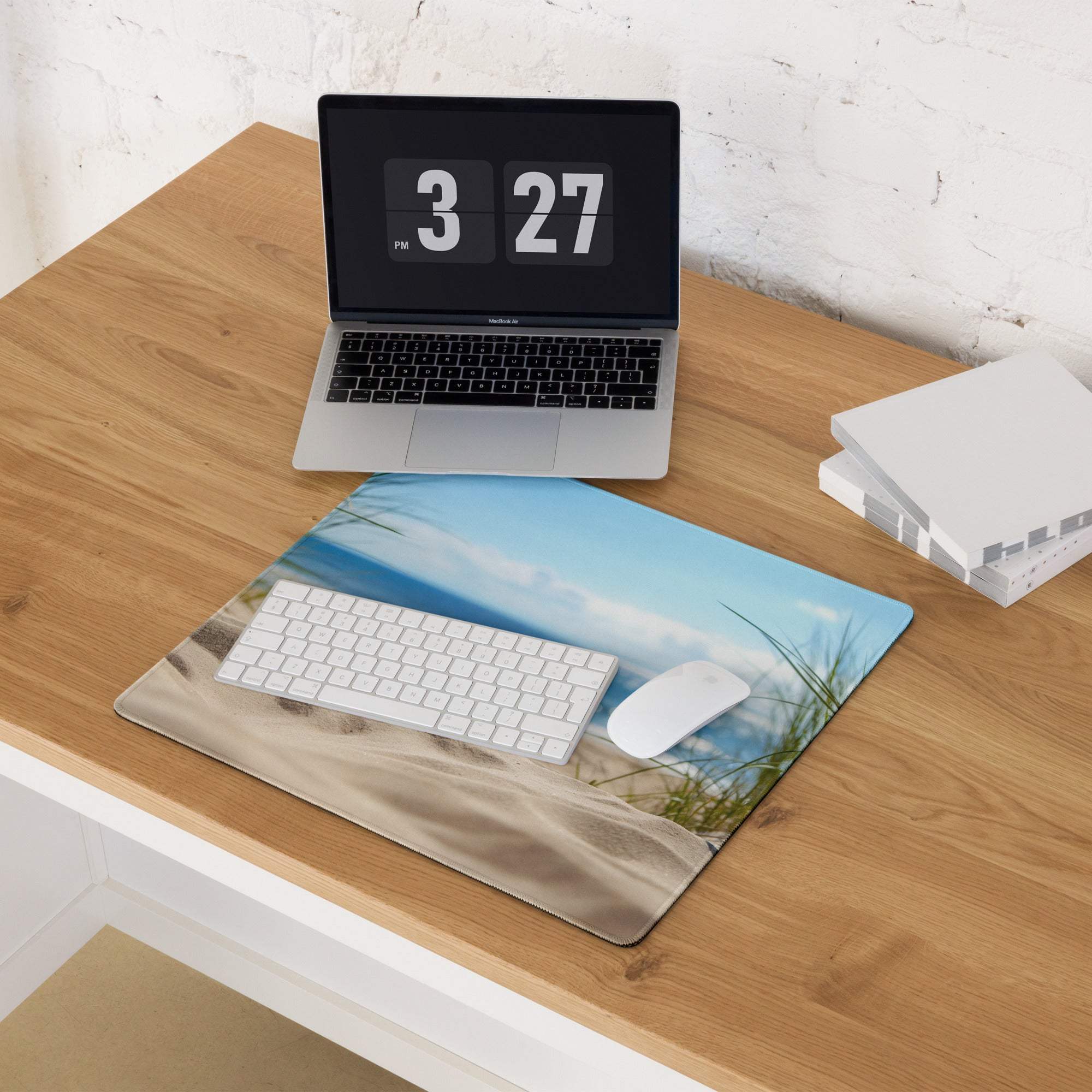 Large coastal beach scene mousepad with beige dunes, blue ocean, non-slip base