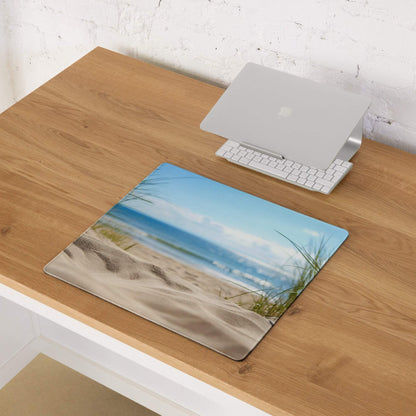Coastal beach scene mouse pad with dunes waves grass non-slip base