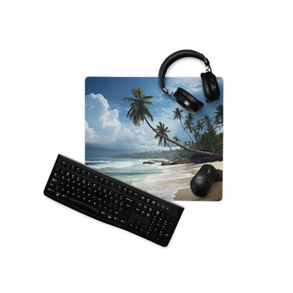 Vibrant tropical beach mouse pad with palm trees, waves, blue sky, non-slip backing