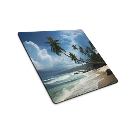 Vibrant tropical beach mouse pad with palm trees, turquoise waves, blue sky, non-slip backing