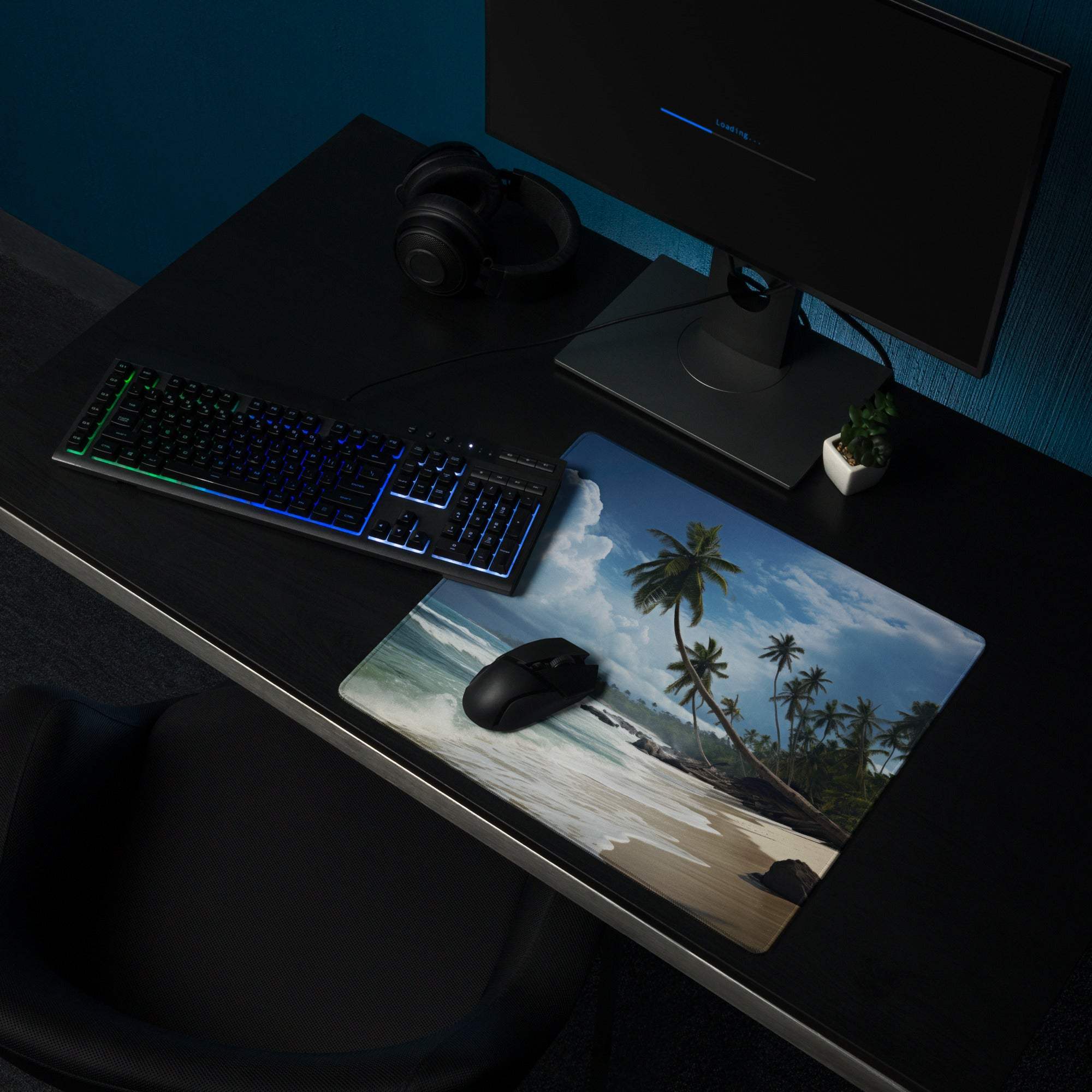 Vibrant tropical beach mouse pad with palm trees, waves, non-slip backing, large gaming size