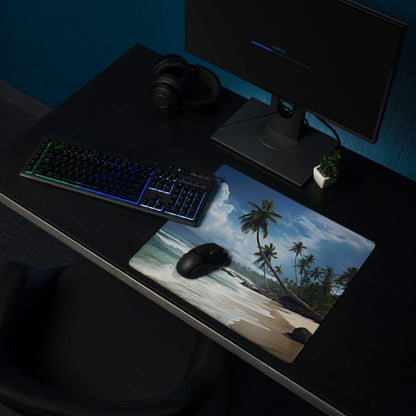 Vibrant tropical beach mouse pad with palm trees, waves, non-slip backing, large gaming size