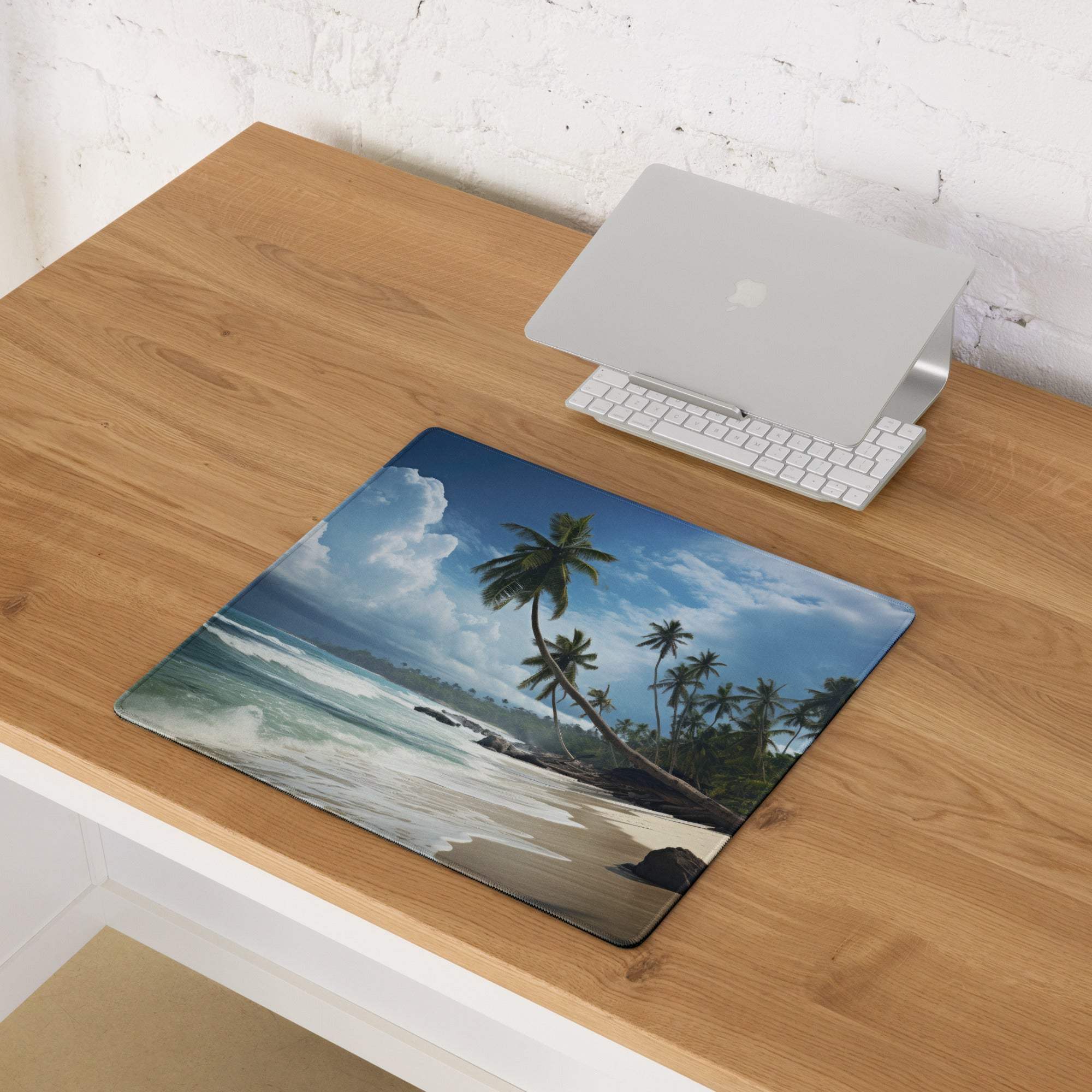 Vibrant tropical beach mouse pad with palm trees, waves, large gaming size, non-slip backing