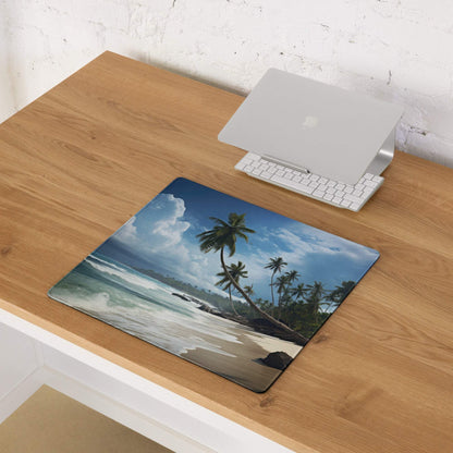 Vibrant tropical beach mouse pad with palm trees, waves, large gaming size, non-slip backing