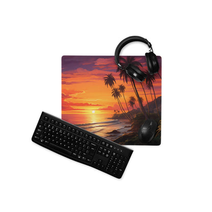 Vibrant sunset beach gaming mousepad with palm trees, ocean, glossy finish