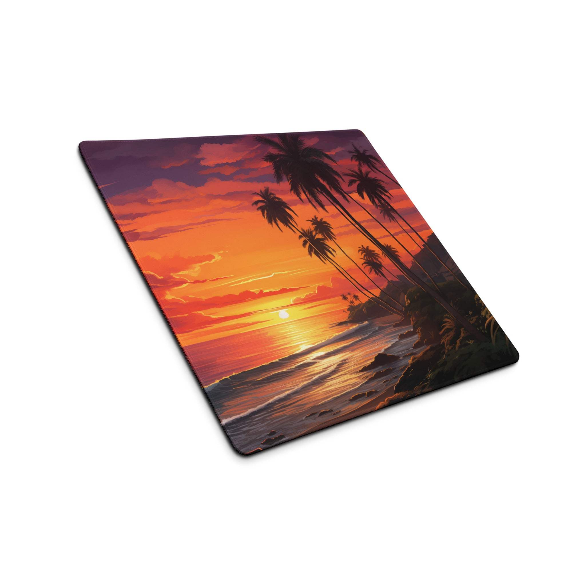 Vibrant Sunset Beach gaming mouse pad with palm silhouettes, non-slip large