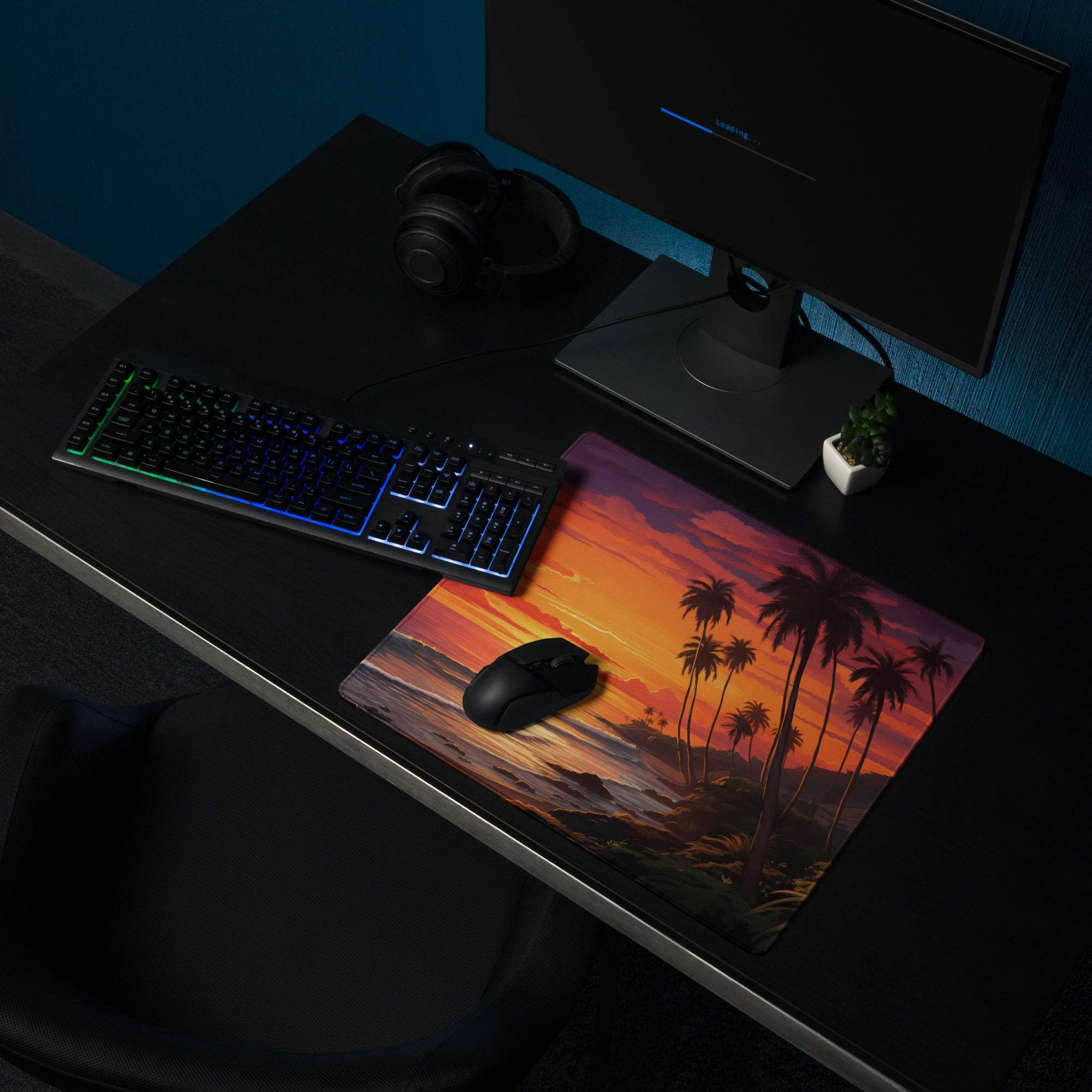 Large Sunset Beach gaming mouse pad with palm trees, non-slip stitched edges