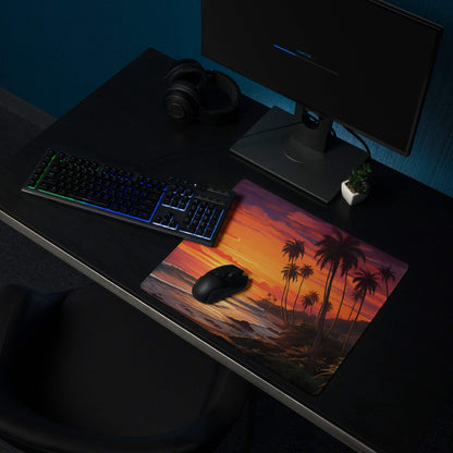 Large Sunset Beach gaming mouse pad with palm trees, non-slip stitched edges