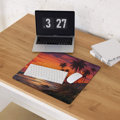 Large Sunset Beach gaming mouse pad with palm tree silhouettes, non-slip stitched edges