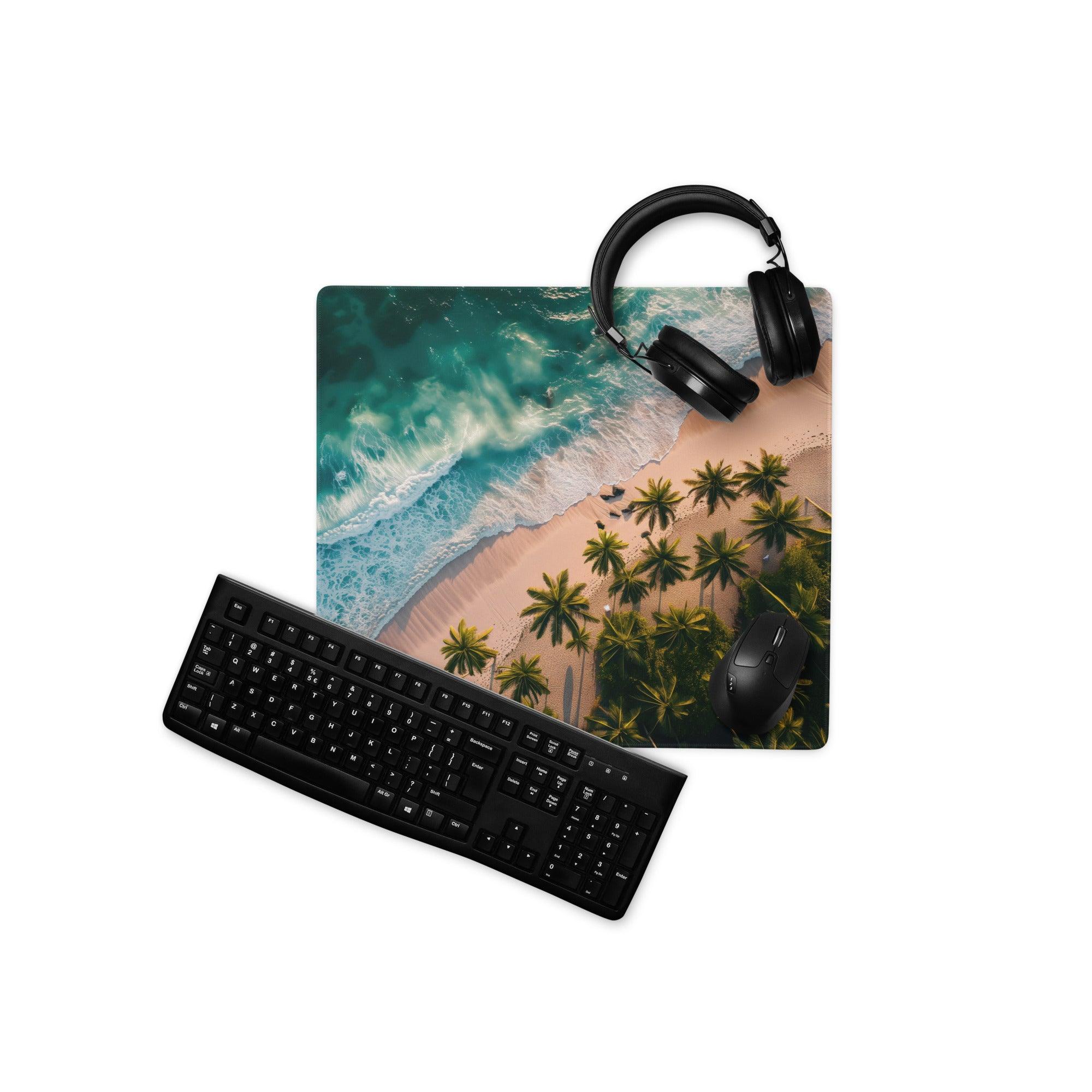 Vibrant tropical beach waves on large gaming mouse pad with non-slip base