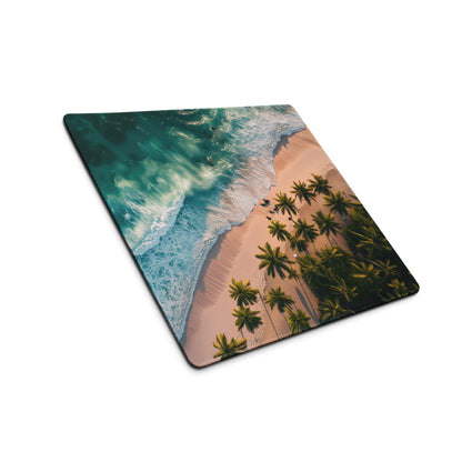 Vibrant tropical beach mouse pad with ocean waves, palm trees, non-slip base