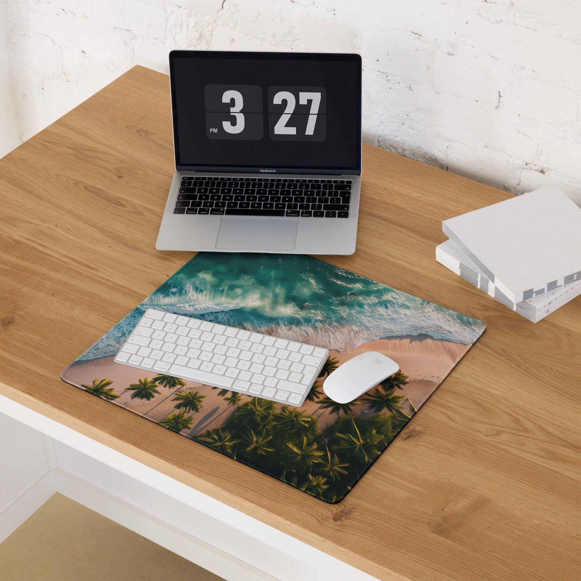 Vibrant tropical beach gaming mouse pad with turquoise wave, sand, palms, non-slip base