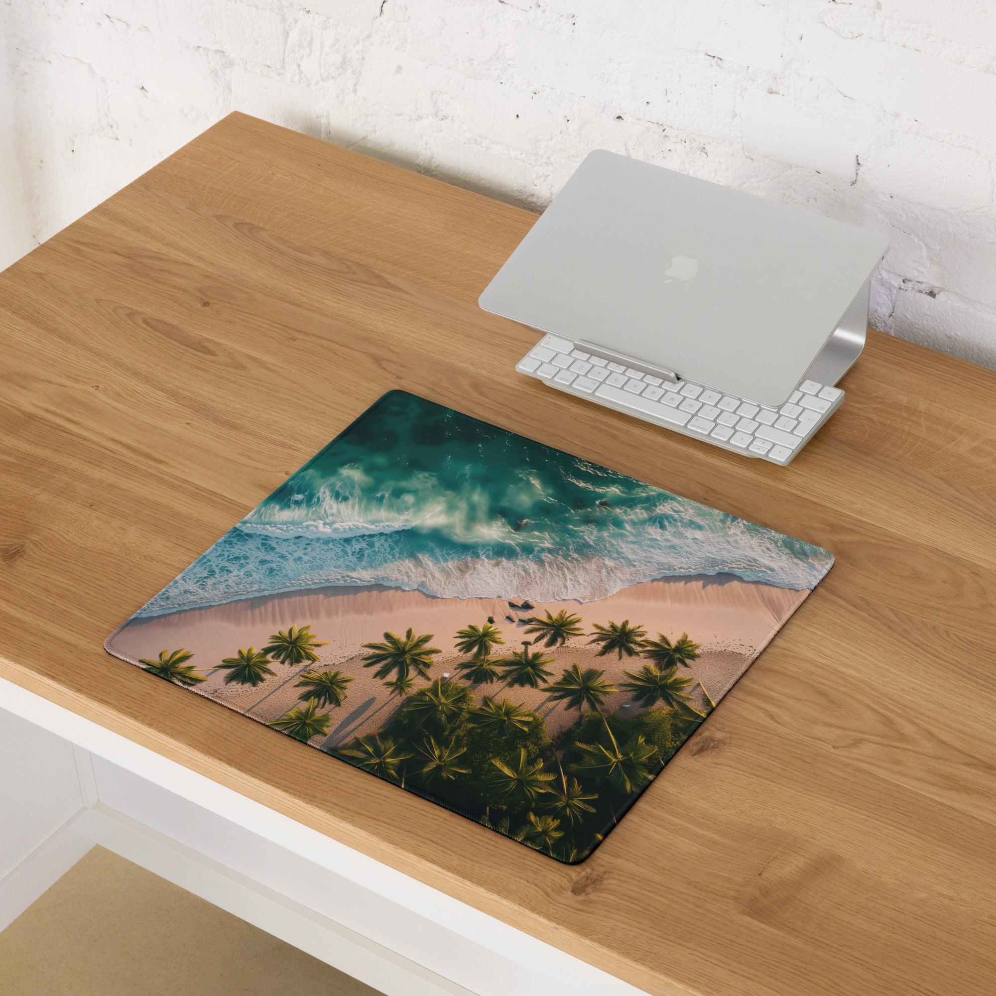 Vibrant tropical beach gaming mouse pad with non-slip base and stitched edges