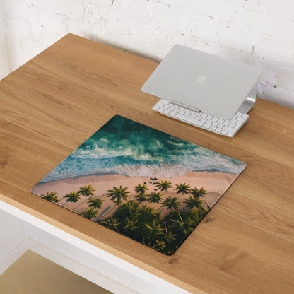 Vibrant tropical beach gaming mouse pad with non-slip base and stitched edges