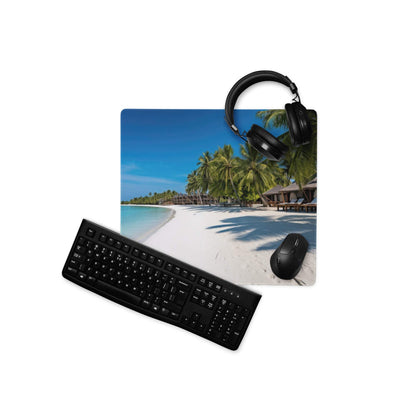 Black keyboard mouse on Vibrant Beach Paradise gaming mousepad with headphones