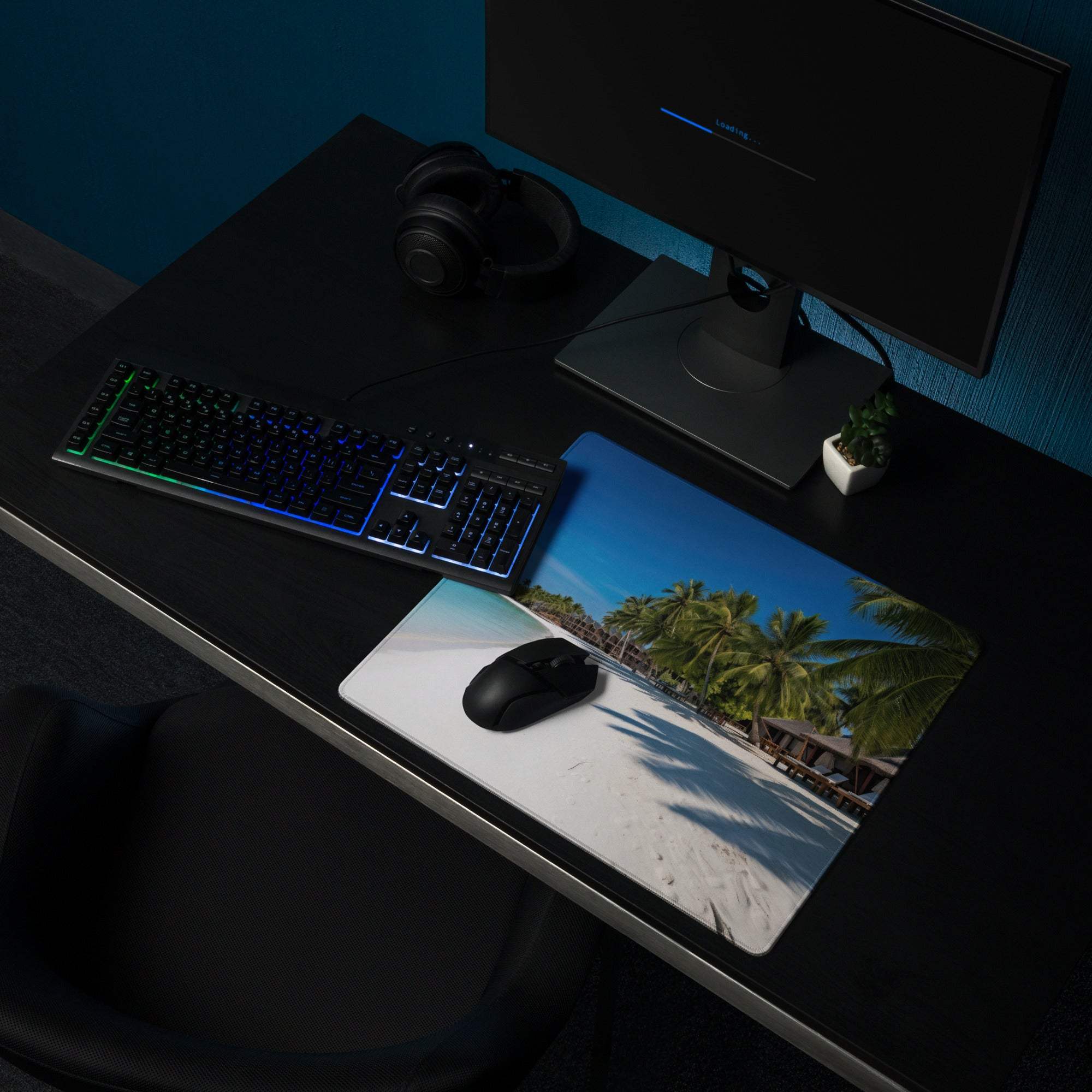 Vibrant beach paradise large gaming mouse pad with palm trees and sand