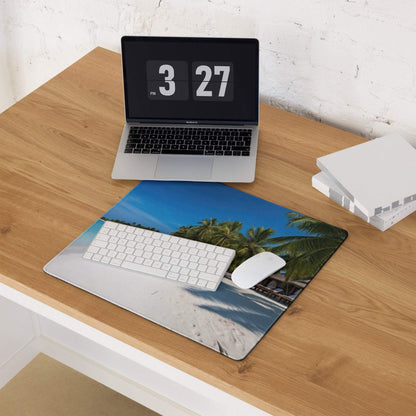 Vibrant beige blue tropical beach mousepad with palm trees sand non-slip stitching