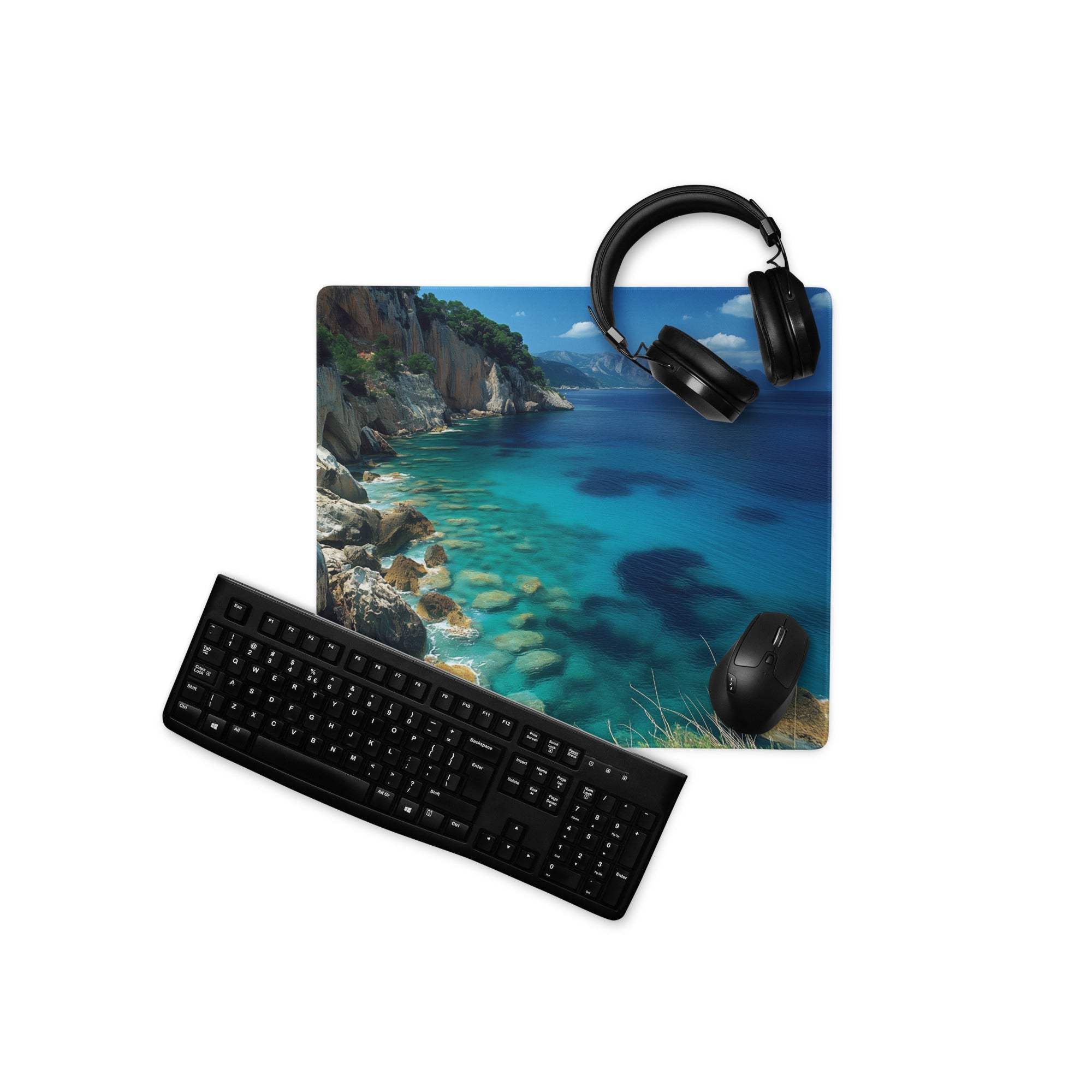 Large calm ocean blue gaming mouse pad with black keyboard and mouse
