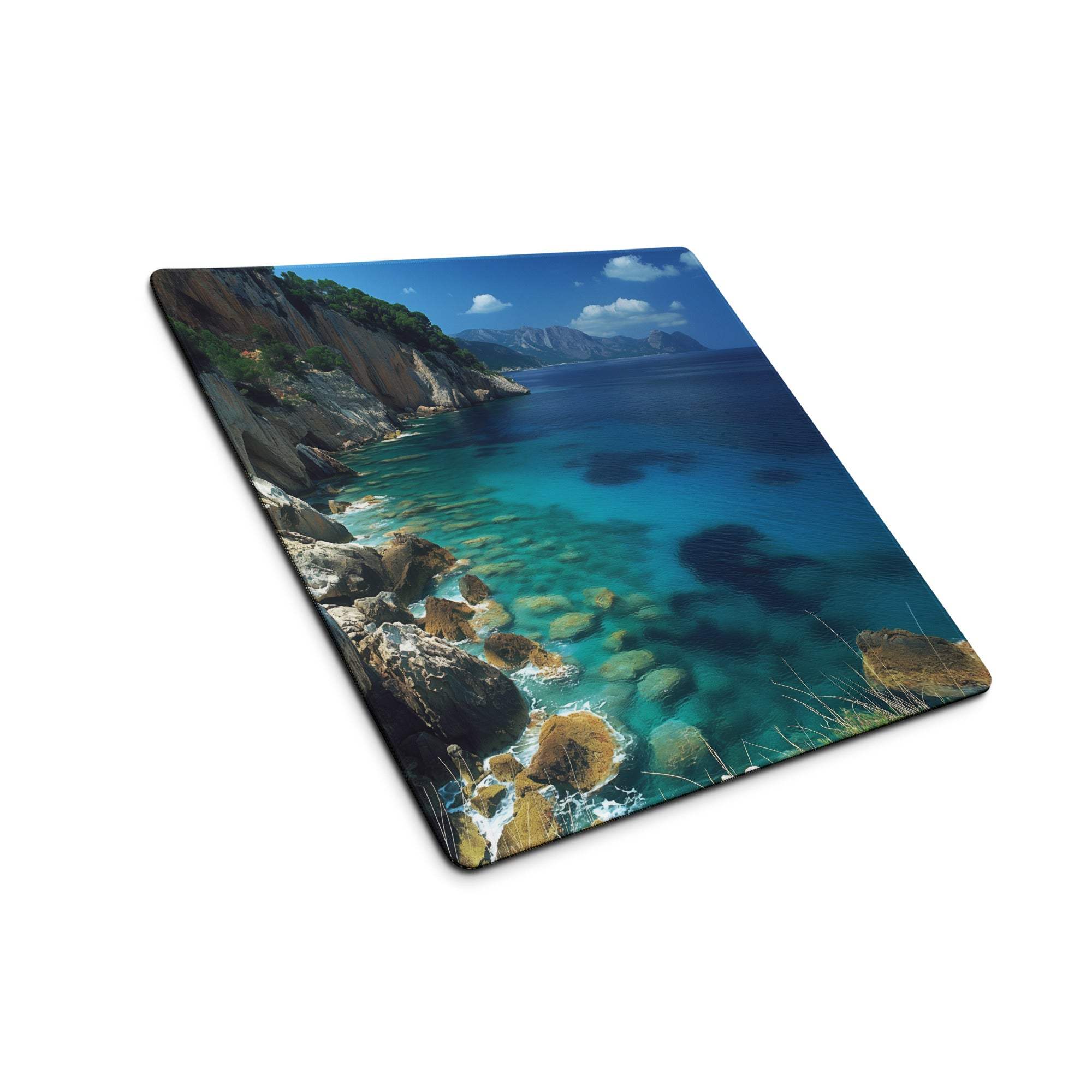 Large calm ocean blue gaming mouse pad with turquoise coastal scene, non-slip base, edge stitching