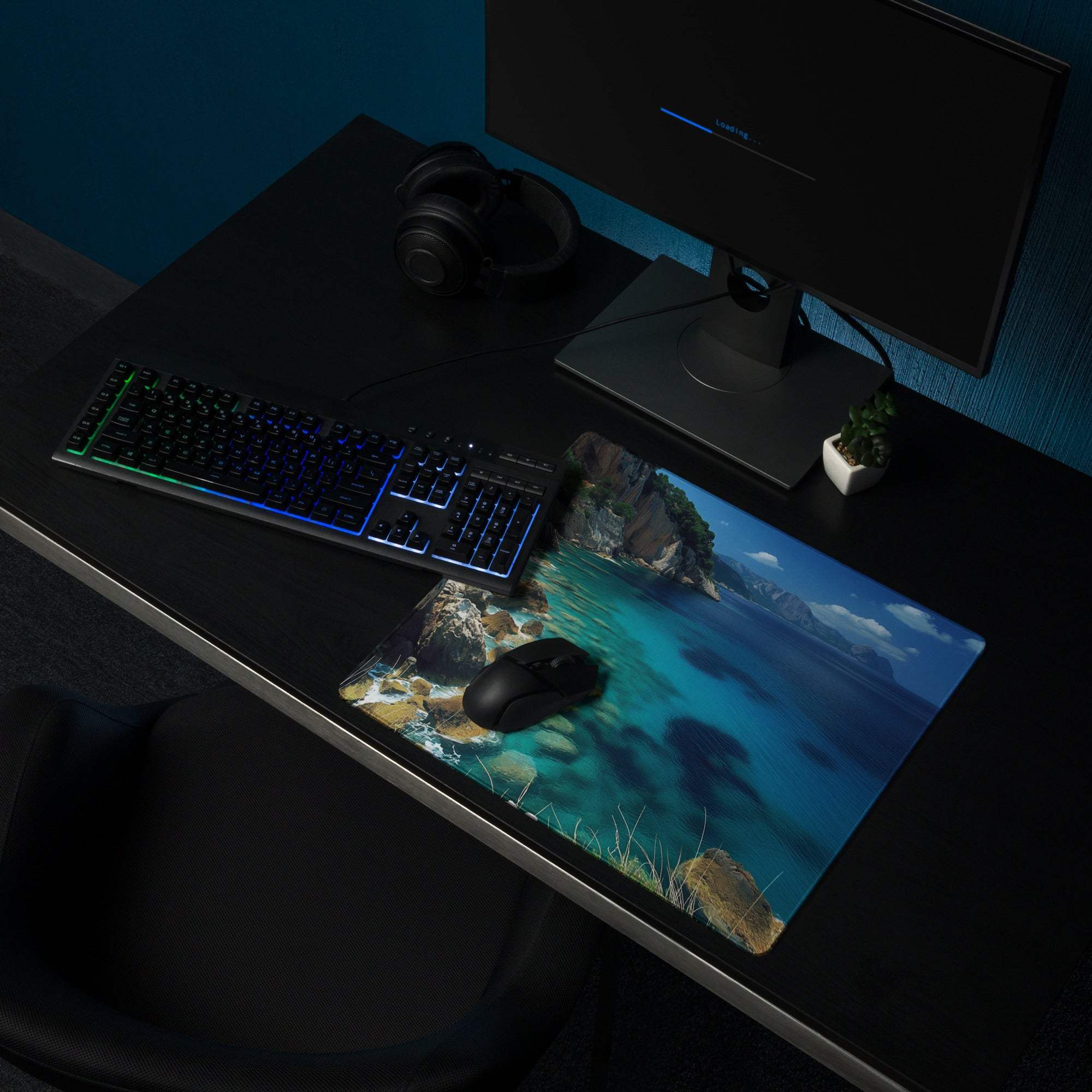 Professional calm ocean blue gaming mouse pad with turquoise waters and mountains