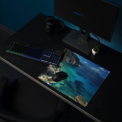 Professional calm ocean blue gaming mouse pad with turquoise waters and mountains