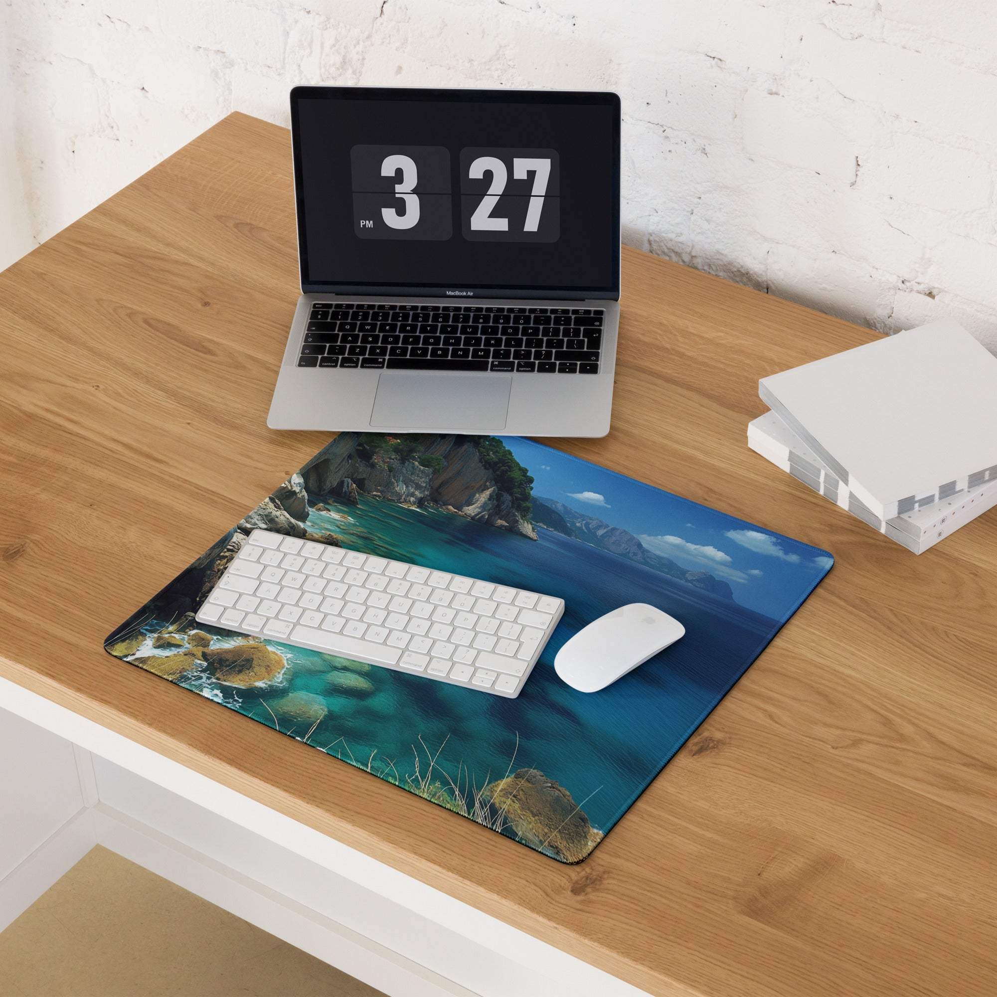Blue ocean coastal gaming mousepad with white keyboard and mouse