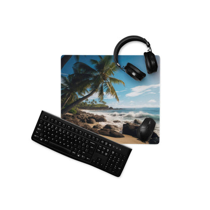 Black keyboard on Ultra Wide Tropical Beach Paradise gaming mouse pad